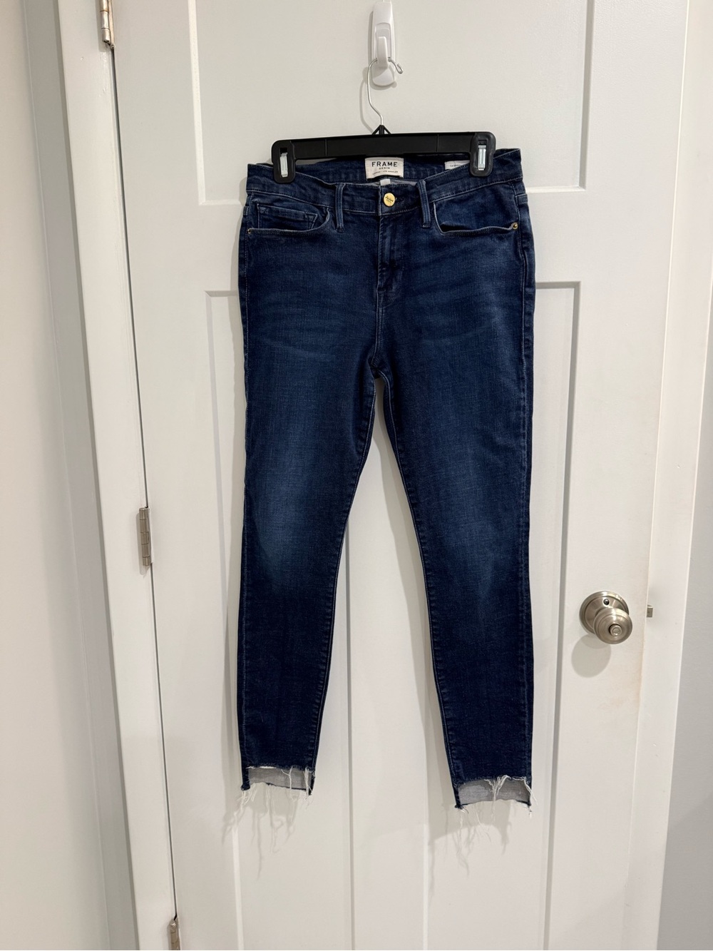 Frame Denim Indigo Ankle Jeans with Raw Hem